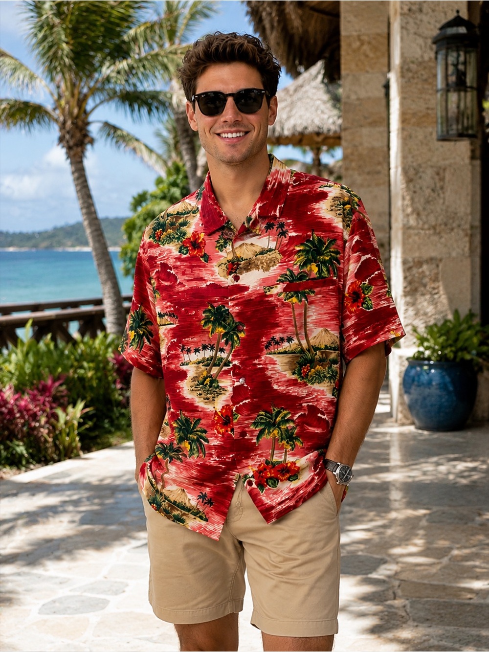 Rima Beachwear Hawaiian Aloha Shirt XXL Red Tropical Palm Tree Island Camp